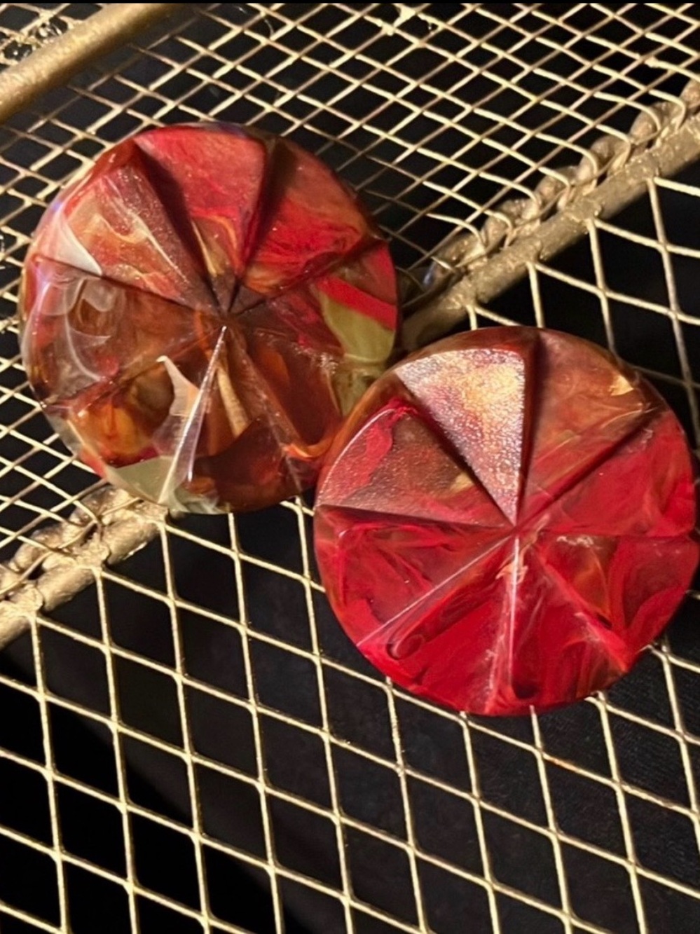 80’s Acrylic Comfort Clip-On Earrings Burgundy Khaki Large Button Windmill Geo
